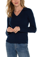 Liverpool Jeans LM8D41SK39 Long Sleeve V-Neck Collared Sweater in Dark Navy