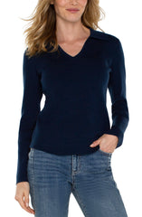 Liverpool Jeans LM8D41SK39 Long Sleeve V-Neck Collared Sweater in Dark Navy