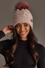 Lt. Pink Cable Knit Hat with Dk. Pink Pom