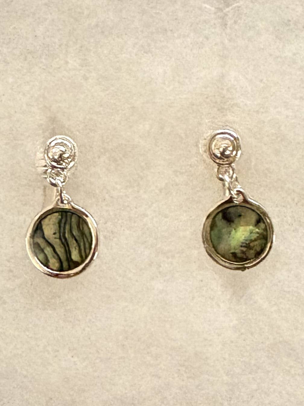 FR2411  Abalone Round Clip Dangle Metal Earrings