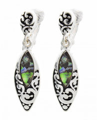 FR3466 Abalone Filigree Navette Clip on Dangle Earrings