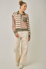 71493 Mixed Stripe Suede Accent Polo Pullover