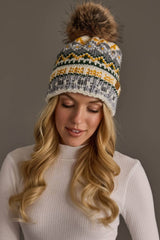 Ivory, Green, Gray & Gold Patterned Pom Hat