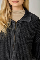 61683 Washed Ribbed Zip-Up Sweater