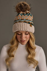 Beige & Multicolored Patterned Chenille Pom Hat