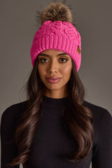 Bright Pink Cable Knit Pom Hat