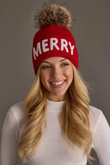 Red Merry Knit Pom Hat