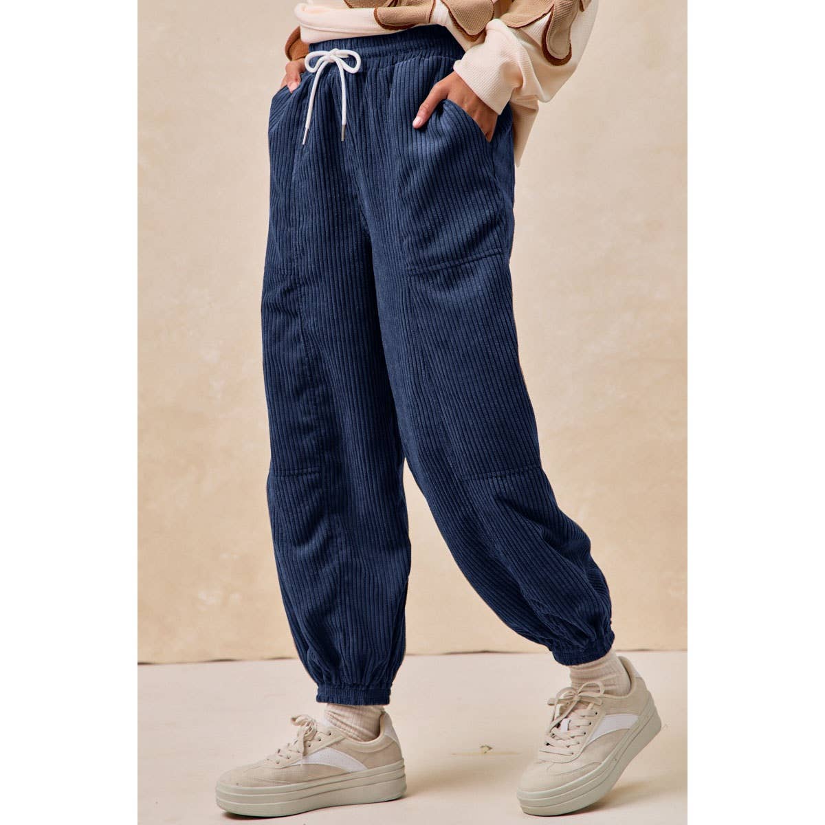 SOLID CORDUROY PANTS WITH DRAWSTRING