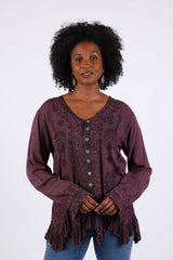 Embroidered Vintage Boho Top Blouse: Earthy Stonewashed