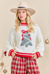 Plaid Tree Knit Sweater with Red Bow – Holiday Pullover