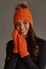 Orange Cable Knit Pom Hat