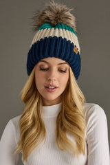 Green, Beige & Navy Color Block Pom Hat