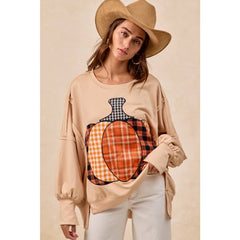 PLAID PUMPKIN PATCHWORK FRENCH TERRY SWEATSHIRT