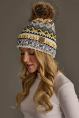 Ivory, Green, Gray & Gold Patterned Pom Hat