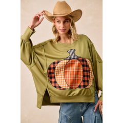 PLAID PUMPKIN PATCHWORK FRENCH TERRY SWEATSHIRT