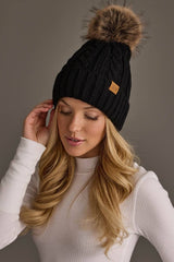 Black Cable Knit Design Pom Hat