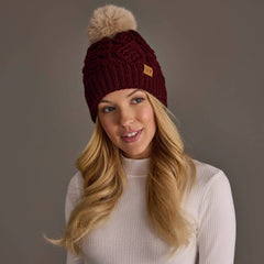Burgundy Cable Knit Hat with Lt. Tan Pom