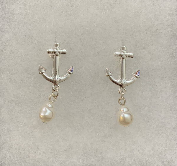 FR4839 Anchor Pearl Clip Dangle Metal Earrings