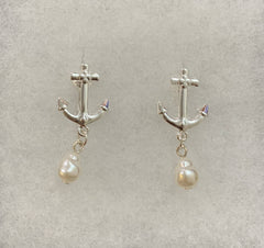 FR4839 Anchor Pearl Clip Dangle Metal Earrings