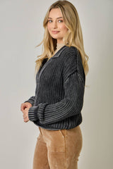 61683 Washed Ribbed Zip-Up Sweater