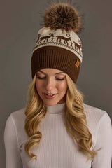 Brown & Beige Deer Patterned Pom Hat