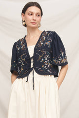 Short Sleeve Embroidered Tie-Front Top