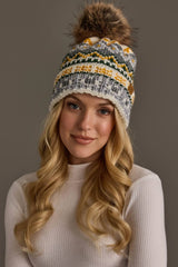 Ivory, Green, Gray & Gold Patterned Pom Hat