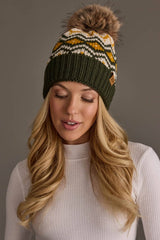 Olive, Cream & Mustard Patterned Pom Hat