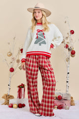 Plaid Tree Knit Sweater with Red Bow – Holiday Pullover
