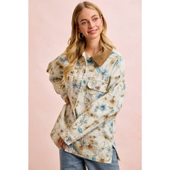 FLOWER PRINTED DENIM JACKET WITH MULTIPLE POCKET