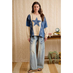 PAISLEY DENIM COMBO FRENCH TERRY STAR PATCH TOP