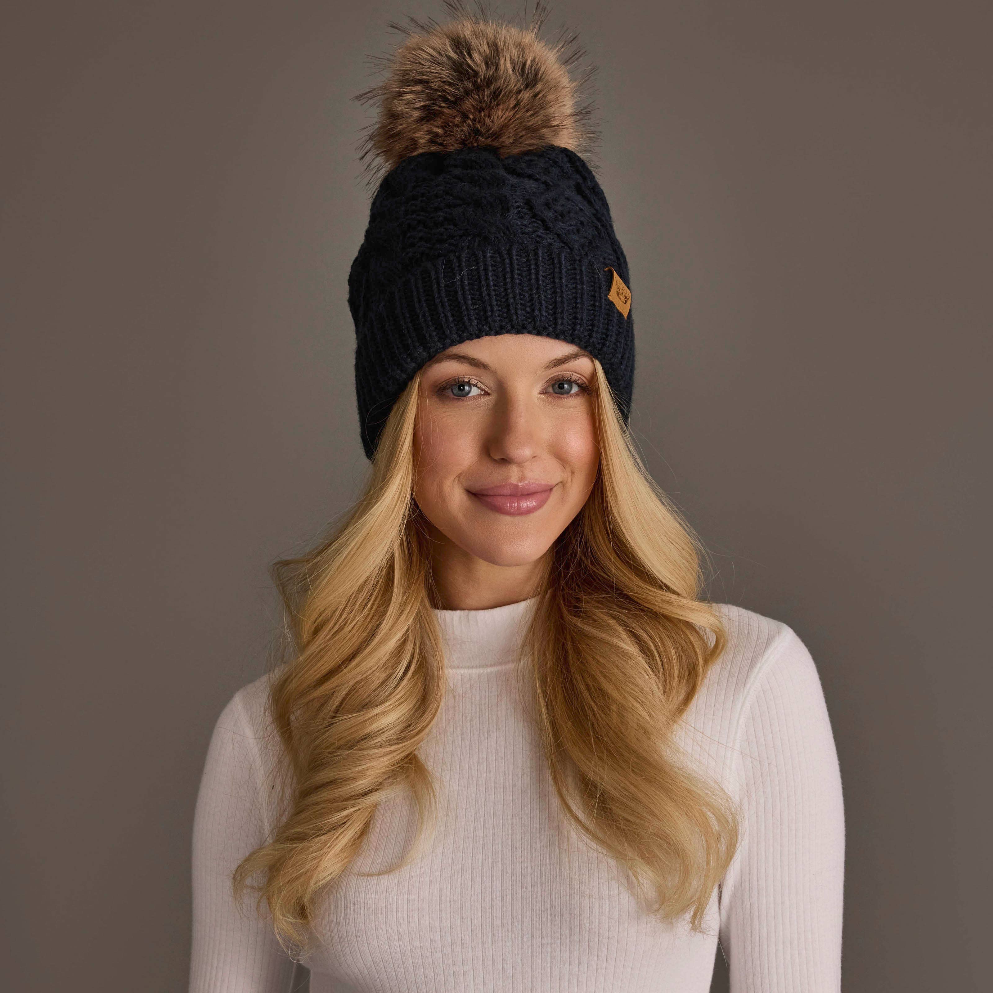Navy Cable Knit Pom Hat