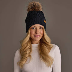 Navy Cable Knit Pom Hat