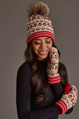 Cream, Red & Pink Floral Pattern Pom Hat