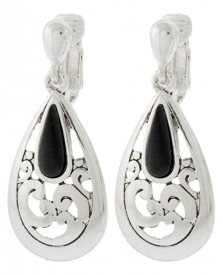 FR5959 Onyx Stone Filigree Teardrop Clip On Earrings