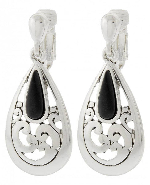 FR5959 Onyx Stone Filigree Teardrop Clip On Earrings