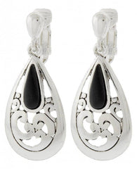 FR5959 Onyx Stone Filigree Teardrop Clip On Earrings