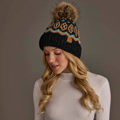 Black & Multicolored Patterned Chenille Pom Hat