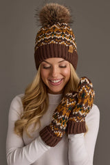 Brown, Mustard & Cream Patterned Pom Hat