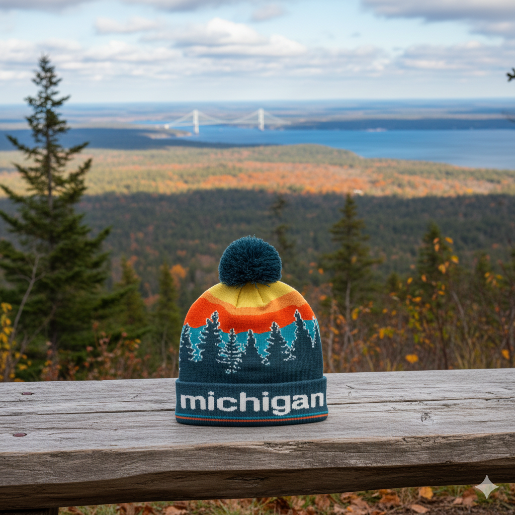 Michigan Sunset Forest Knit Beanie with Pine Tree Landscape