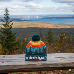 Michigan Sunset Forest Knit Beanie with Pine Tree Landscape