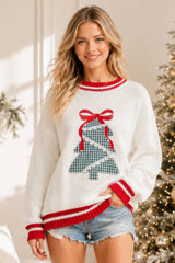 Plaid Tree Knit Sweater with Red Bow – Holiday Pullover