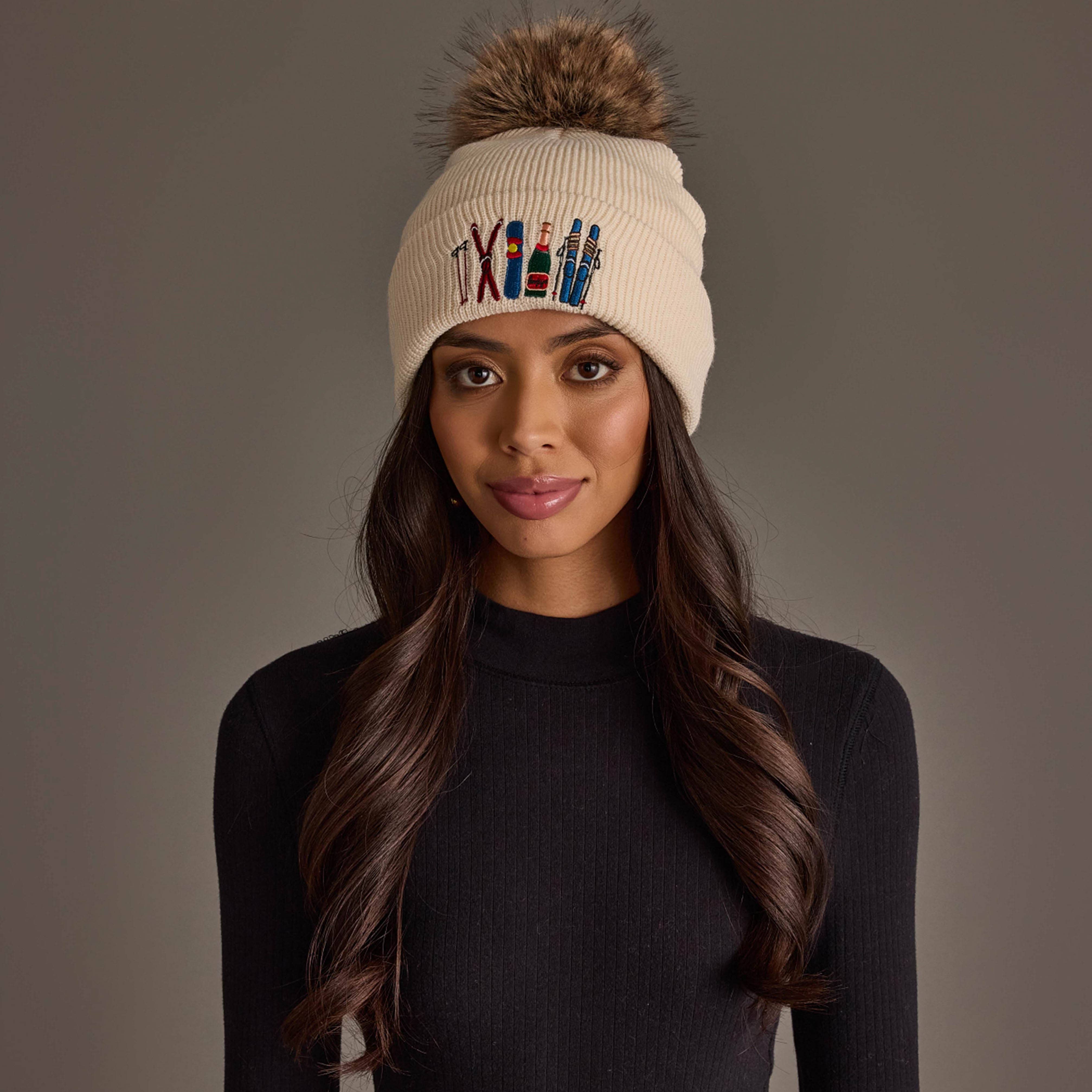 Beige Ski Embroidered Knit Pom Hat