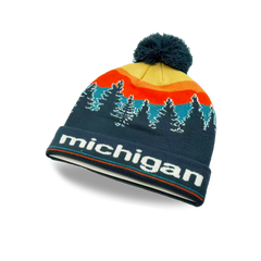 Michigan Sunset Forest Knit Beanie with Pine Tree Landscape