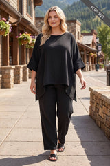 PLUS SIZE 100% Cotton Poncho Style Top + Pull On Pant Set