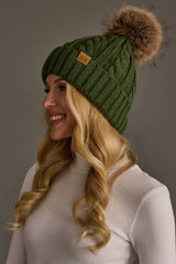 Dk. Green Cable Knit Design Pom Hat