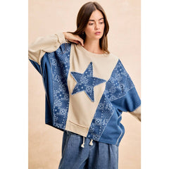 PAISLEY DENIM COMBO FRENCH TERRY STAR PATCH TOP