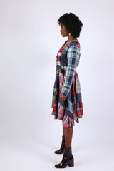 Lace-Up Denim Plaid Patchwork Dress