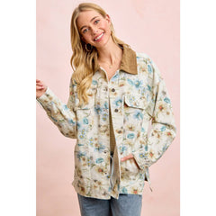 FLOWER PRINTED DENIM JACKET WITH MULTIPLE POCKET