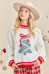 Plaid Tree Knit Sweater with Red Bow – Holiday Pullover